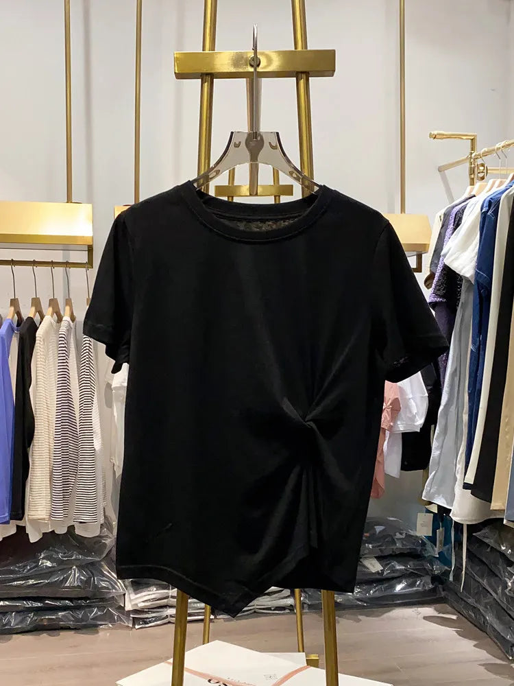 Women's Short Top Spring New Pleated Lace-up Asymmetric Solid Color Round Neck Short Sleeve Casual Minimalist Fashion T-shirt