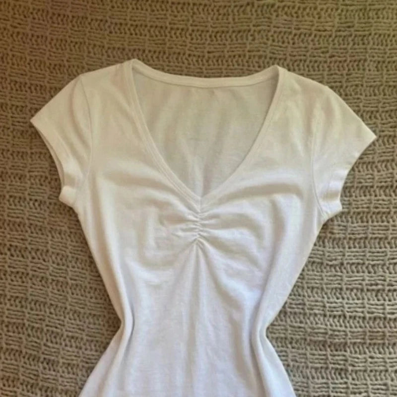 Summer New White V-neck Fitted Women's T-shirt Harajuku Casual Slimming Short Sleeve Tees Vintage Top Female Clothing	2026 New