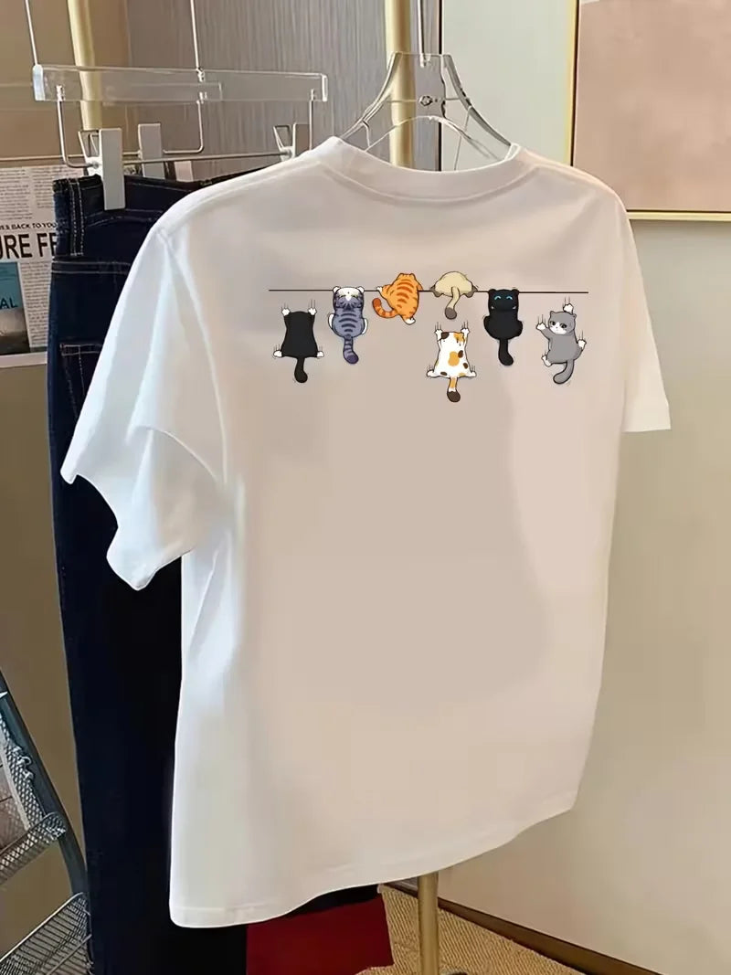 Cat Rope, Cartoon Cats Print Tshirt Short Sleeve Crew Neck Casual Top for Summer Spring, Women's Clothing