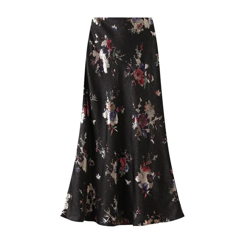 Women Elegant Gilded Printed Pleated Skirts Korean Fashion High Waist Overskirts for Women Vintage Fishtail Long Skirts Summer