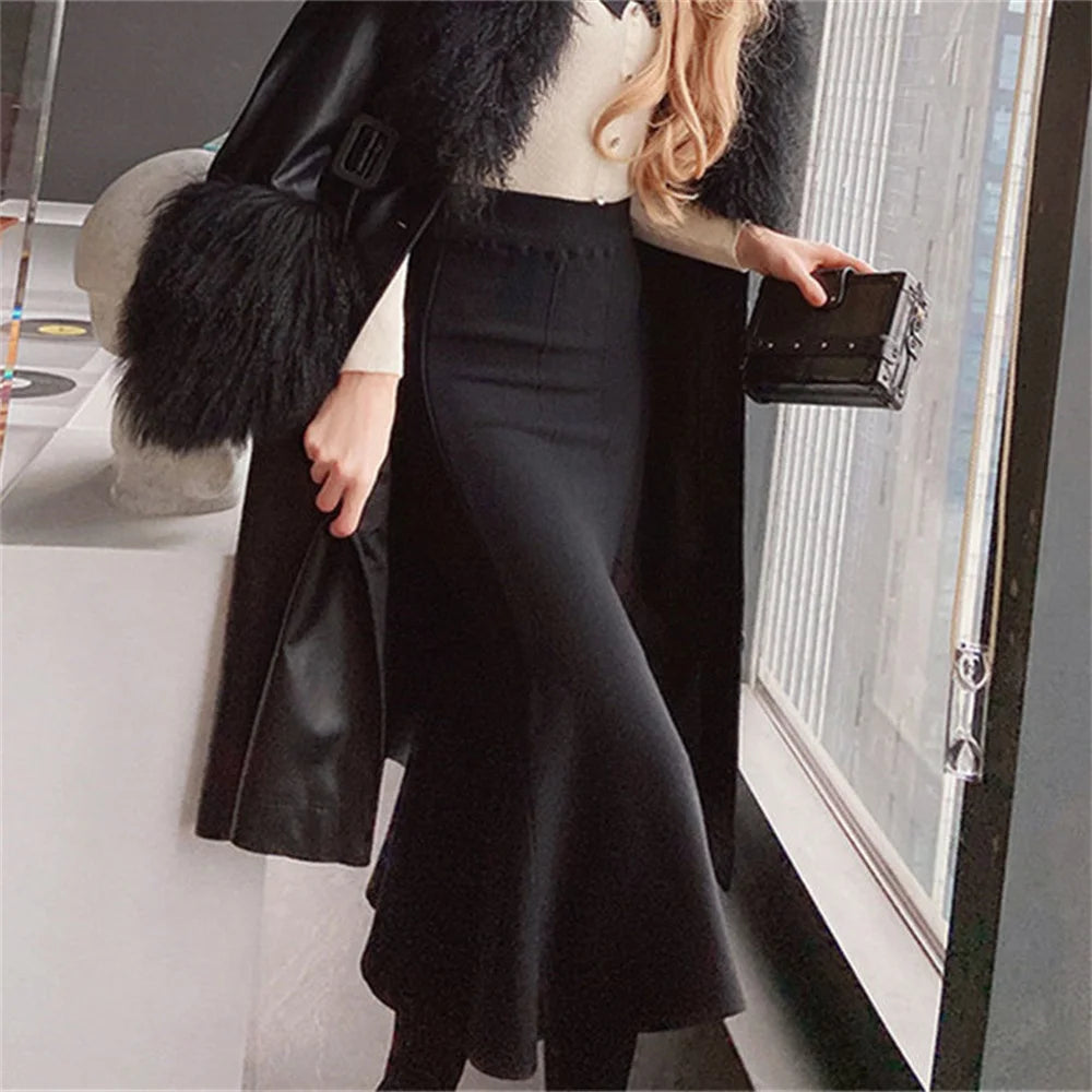 Women Knitted Skirt Autumn Winter Mid-length Skirt For Women White Skirt Ruffled Fishtail Package Hips Skirt Umbrella Long Skirt