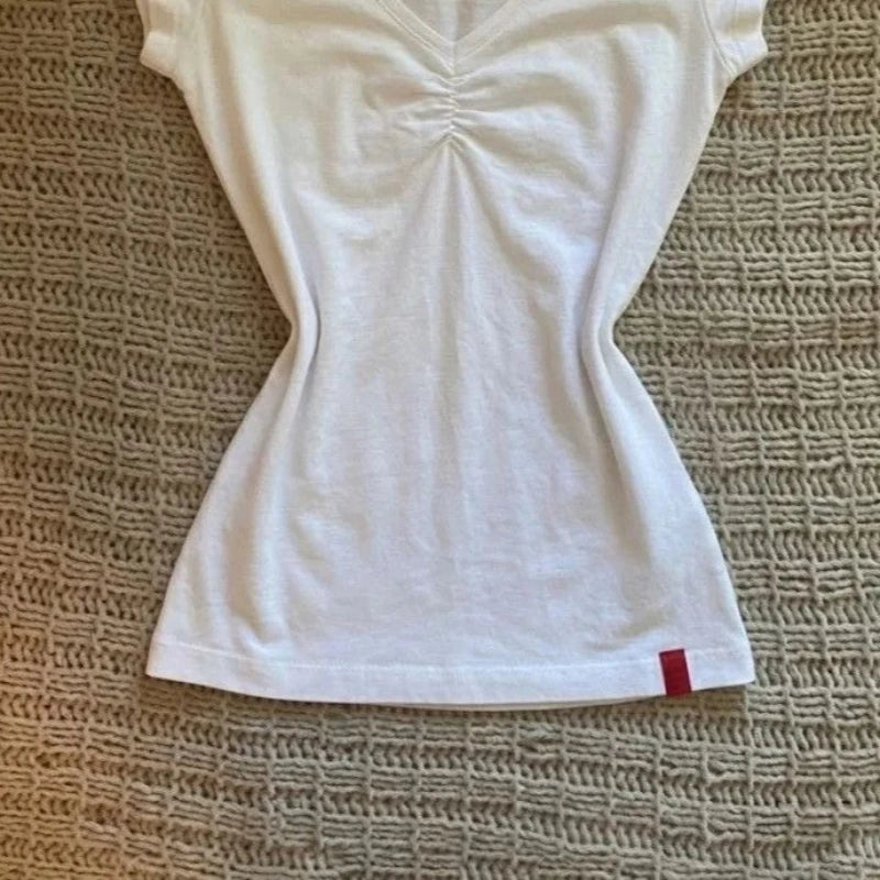 Summer New White V-neck Fitted Women's T-shirt Harajuku Casual Slimming Short Sleeve Tees Vintage Top Female Clothing	2026 New
