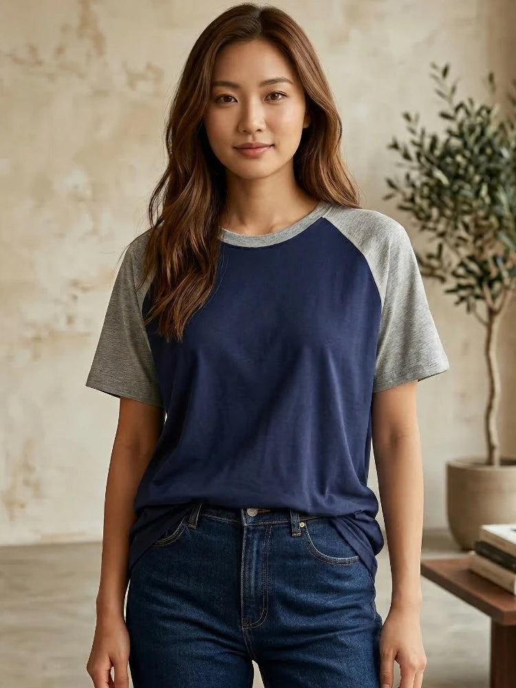 200G Cotton Raglan Short Sleeve Crew Neck Women's T Shirt 2026 Spring Summer Loose Versatile Casual Top Color Block Tees