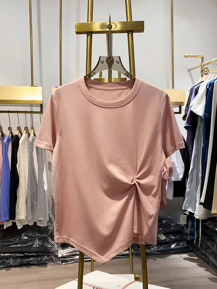 Women's Short Top Spring New Pleated Lace-up Asymmetric Solid Color Round Neck Short Sleeve Casual Minimalist Fashion T-shirt