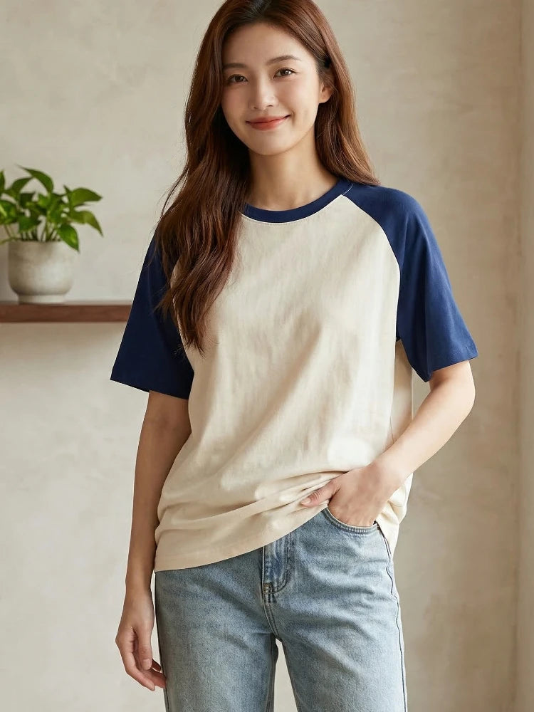 200G Cotton Raglan Short Sleeve Crew Neck Women's T Shirt 2026 Spring Summer Loose Versatile Casual Top Color Block Tees