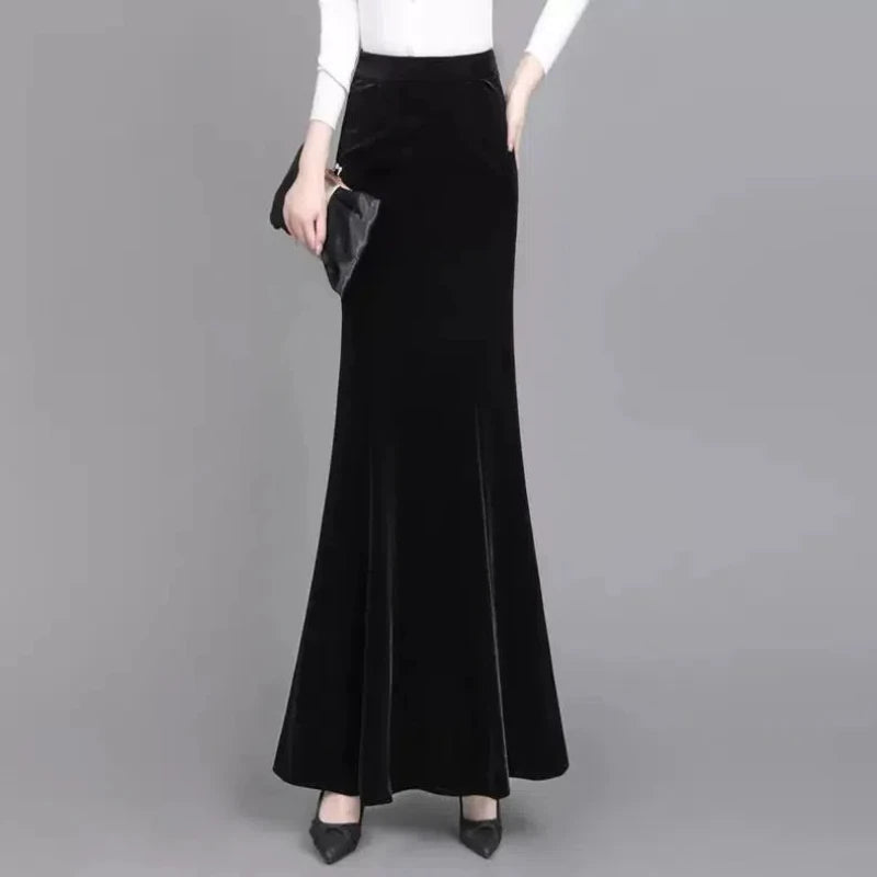 Extended Gold Velvet Skirt Fishtail Skirt Autumn and Winter Slim Tall Person with Hip-covered Long Skirt Female Temperament