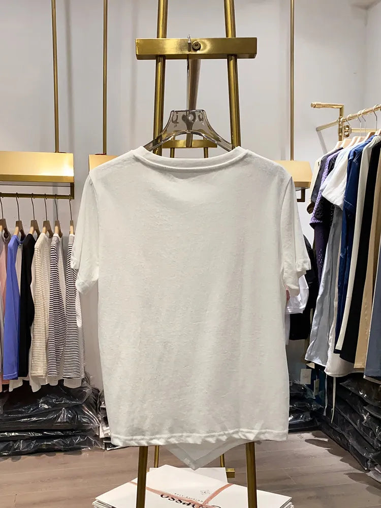 Women's Short Top Spring New Pleated Lace-up Asymmetric Solid Color Round Neck Short Sleeve Casual Minimalist Fashion T-shirt