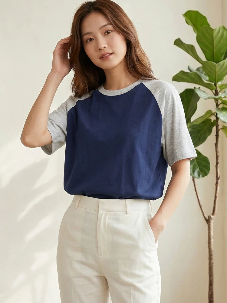 200G Cotton Raglan Short Sleeve Crew Neck Women's T Shirt 2026 Spring Summer Loose Versatile Casual Top Color Block Tees