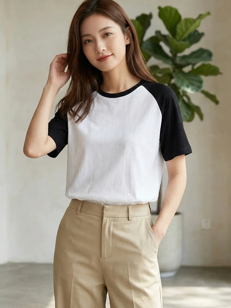 200G Cotton Raglan Short Sleeve Crew Neck Women's T Shirt 2026 Spring Summer Loose Versatile Casual Top Color Block Tees