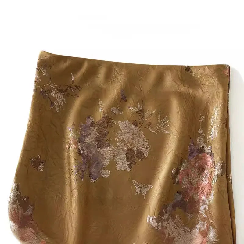 Women Elegant Gilded Printed Pleated Skirts Korean Fashion High Waist Overskirts for Women Vintage Fishtail Long Skirts Summer