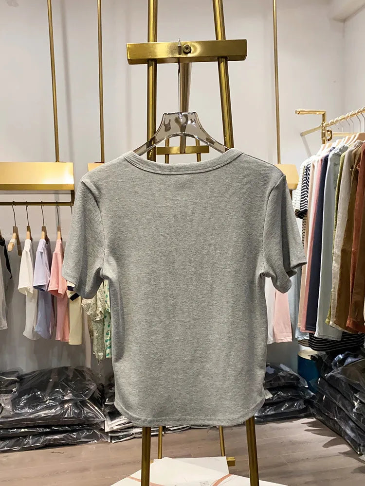 New Style Three-button Sweet Slim-fit Cropped Top Summer Round Neck Casual Short Sleeve Women's Retro Preppy Minimalist T-shirt