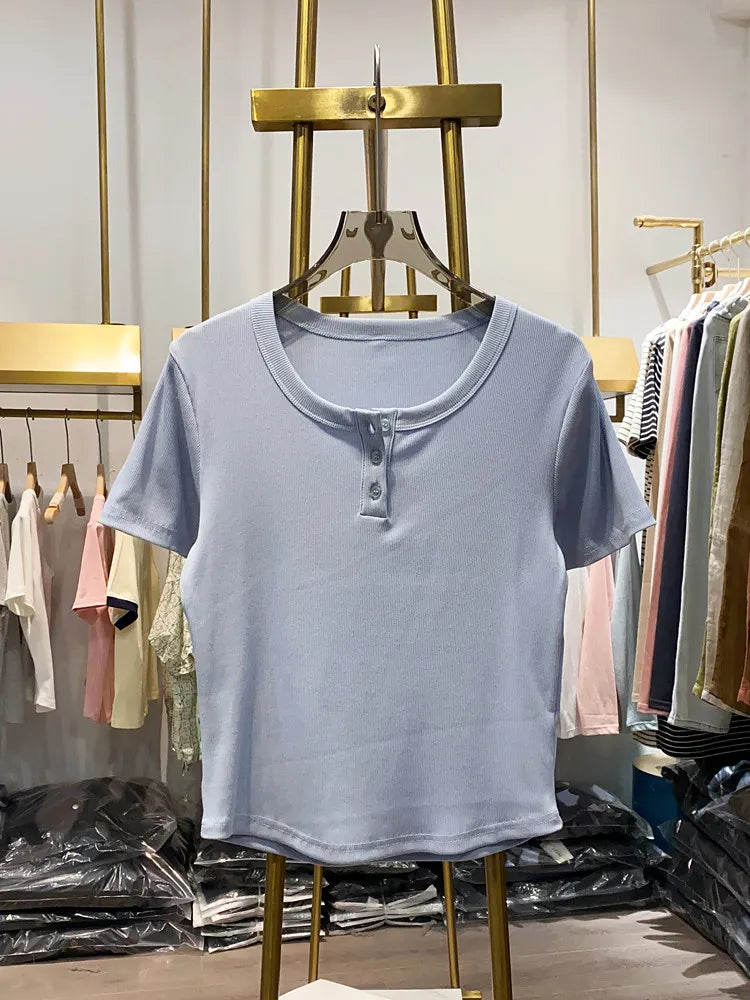 New Style Three-button Sweet Slim-fit Cropped Top Summer Round Neck Casual Short Sleeve Women's Retro Preppy Minimalist T-shirt