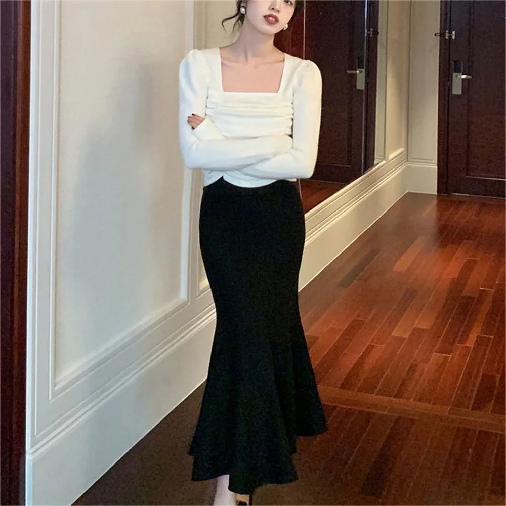 Women Knitted Skirt Autumn Winter Mid-length Skirt For Women White Skirt Ruffled Fishtail Package Hips Skirt Umbrella Long Skirt
