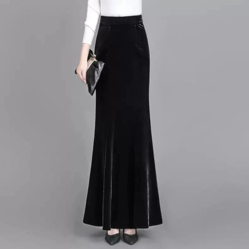 Extended Gold Velvet Skirt Fishtail Skirt Autumn and Winter Slim Tall Person with Hip-covered Long Skirt Female Temperament