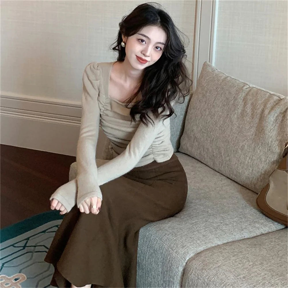 Women Knitted Skirt Autumn Winter Mid-length Skirt For Women White Skirt Ruffled Fishtail Package Hips Skirt Umbrella Long Skirt