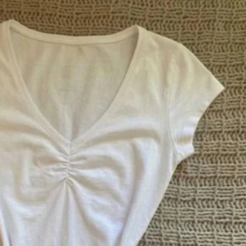 Summer New White V-neck Fitted Women's T-shirt Harajuku Casual Slimming Short Sleeve Tees Vintage Top Female Clothing	2026 New