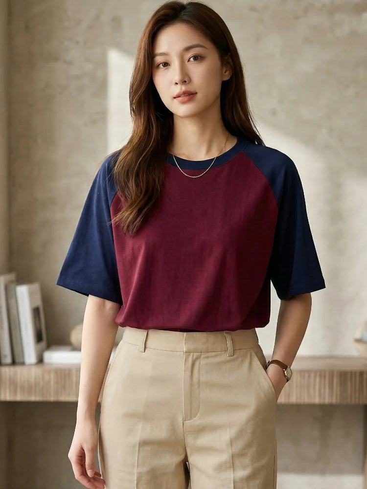 200G Cotton Raglan Short Sleeve Crew Neck Women's T Shirt 2026 Spring Summer Loose Versatile Casual Top Color Block Tees