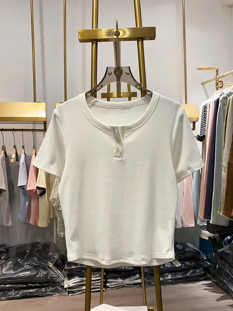 New Style Three-button Sweet Slim-fit Cropped Top Summer Round Neck Casual Short Sleeve Women's Retro Preppy Minimalist T-shirt