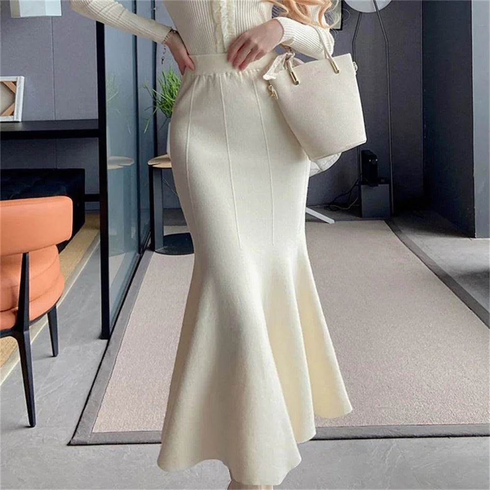 Women Knitted Skirt Autumn Winter Mid-length Skirt For Women White Skirt Ruffled Fishtail Package Hips Skirt Umbrella Long Skirt