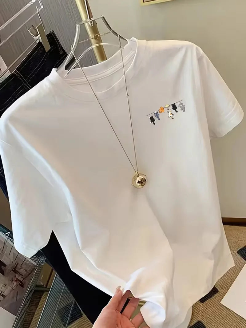 Cat Rope, Cartoon Cats Print Tshirt Short Sleeve Crew Neck Casual Top for Summer Spring, Women's Clothing